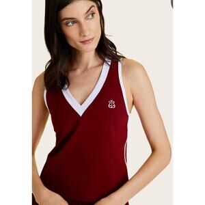 ALALA Garnet Deep Red White Trim V Neck Tennis Tank Top Size S Small NEW